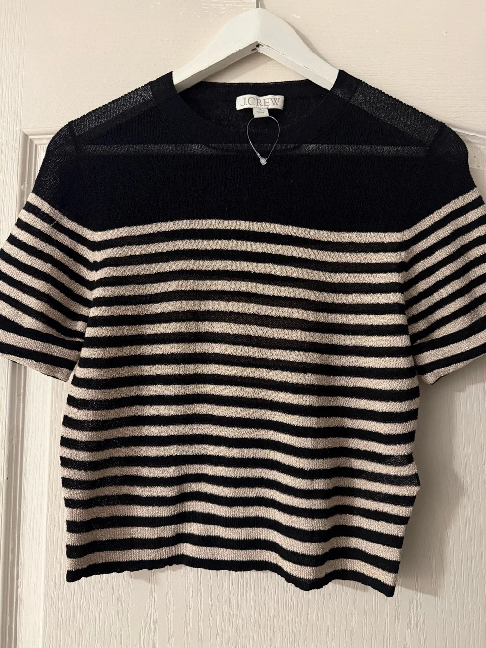 J. Crew Black and Cream Striped Crewneck Sweater
